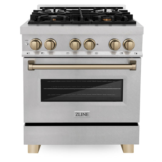 ZLINE Autograph 30 in. 4.0 cu. ft. Legacy Dual Fuel Range with 4 Burner Gas Cooktop and Electric Convection Oven in Satin Stainless Steel with Champagne Bronze Accents (RASZ-SN-30-CB)