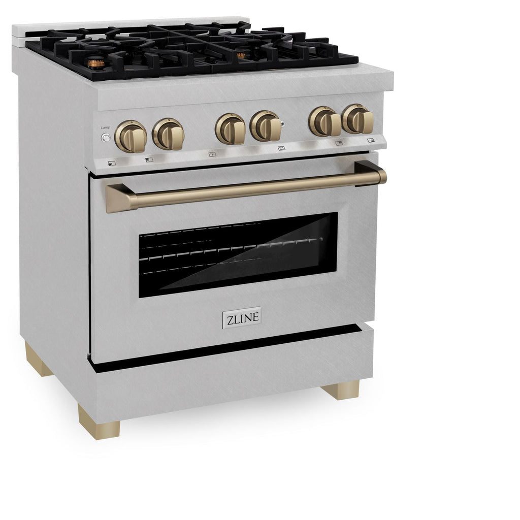 ZLINE Autograph 30 in. 4.0 cu. ft. Legacy Dual Fuel Range with 4 Burner Gas Cooktop and Electric Convection Oven in Satin Stainless Steel with Champagne Bronze Accents (RASZ-SN-30-CB)