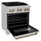 ZLINE Autograph 30 in. 4.0 cu. ft. Legacy Dual Fuel Range with 4 Burner Gas Cooktop and Electric Convection Oven in Satin Stainless Steel with Champagne Bronze Accents (RASZ-SN-30-CB)