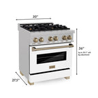ZLINE Autograph 30 in. Legacy Dual Fuel Range 4.0 cu. ft., 4 Burner Gas Cooktop, Electric Convection Oven, Satin Stainless Steel with White Matte Door & Champagne Bronze Accents (RASZ-WM-30-CB)