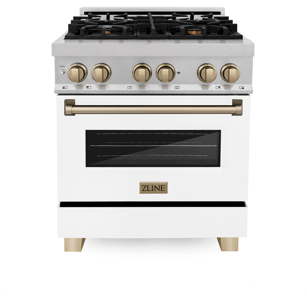 ZLINE Autograph 30 in. Legacy Dual Fuel Range 4.0 cu. ft., 4 Burner Gas Cooktop, Electric Convection Oven, Satin Stainless Steel with White Matte Door & Champagne Bronze Accents (RASZ-WM-30-CB)
