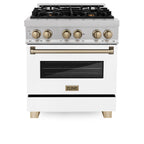 ZLINE Autograph 30 in. Legacy Dual Fuel Range 4.0 cu. ft., 4 Burner Gas Cooktop, Electric Convection Oven, Satin Stainless Steel with White Matte Door & Champagne Bronze Accents (RASZ-WM-30-CB)