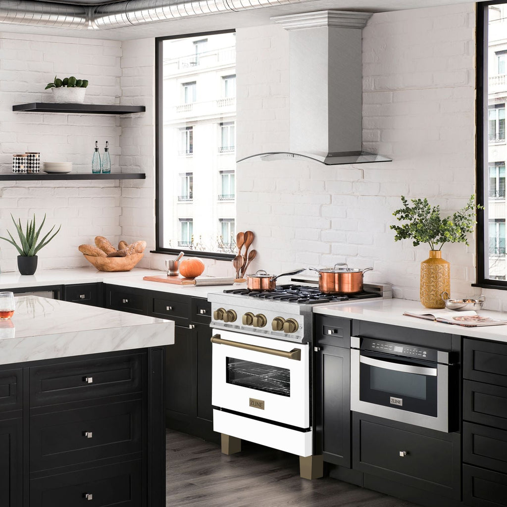 ZLINE Autograph 30 in. Legacy Dual Fuel Range 4.0 cu. ft., 4 Burner Gas Cooktop, Electric Convection Oven, Satin Stainless Steel with White Matte Door & Champagne Bronze Accents (RASZ-WM-30-CB)