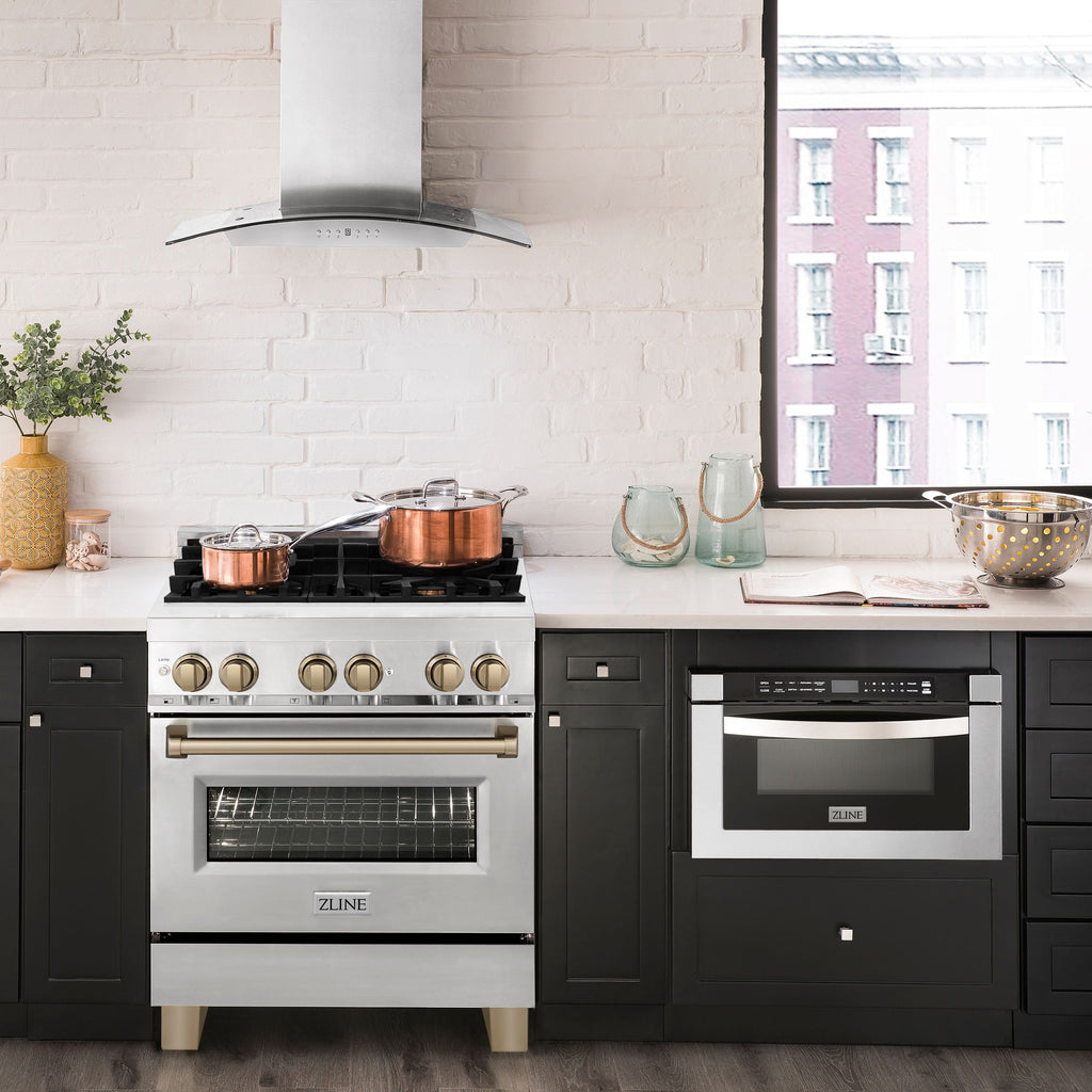 ZLINE Autograph Edition 30-Inch Dual Fuel Range, 4.0 cu. ft. Electric Convection Oven, Stainless Steel with Bronze Accents (RAZ-30-CB)