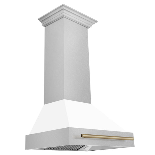 ZLINE 30 Inch Wall Mount Range Hood Satin Stainless Steel White Matte Shell 700 CFM Champagne Bronze Handle (8654SNZ-WM30-CB)