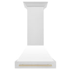 ZLINE 30 Inch Wall Mount Range Hood Satin Stainless Steel White Matte Shell Polished Gold Handle 8654SNZ-WM30-G