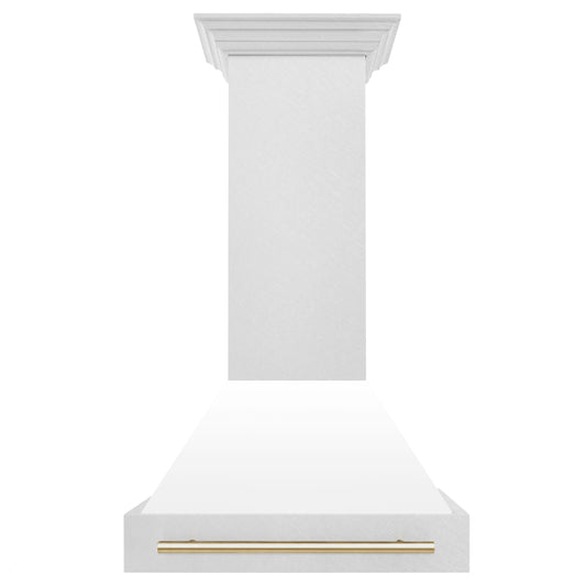 ZLINE 30 Inch Wall Mount Range Hood Satin Stainless Steel White Matte Shell Polished Gold Handle 8654SNZ-WM30-G