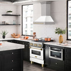 ZLINE 30 Inch Wall Mount Range Hood Satin Stainless Steel White Matte Shell Polished Gold Handle 8654SNZ-WM30-G