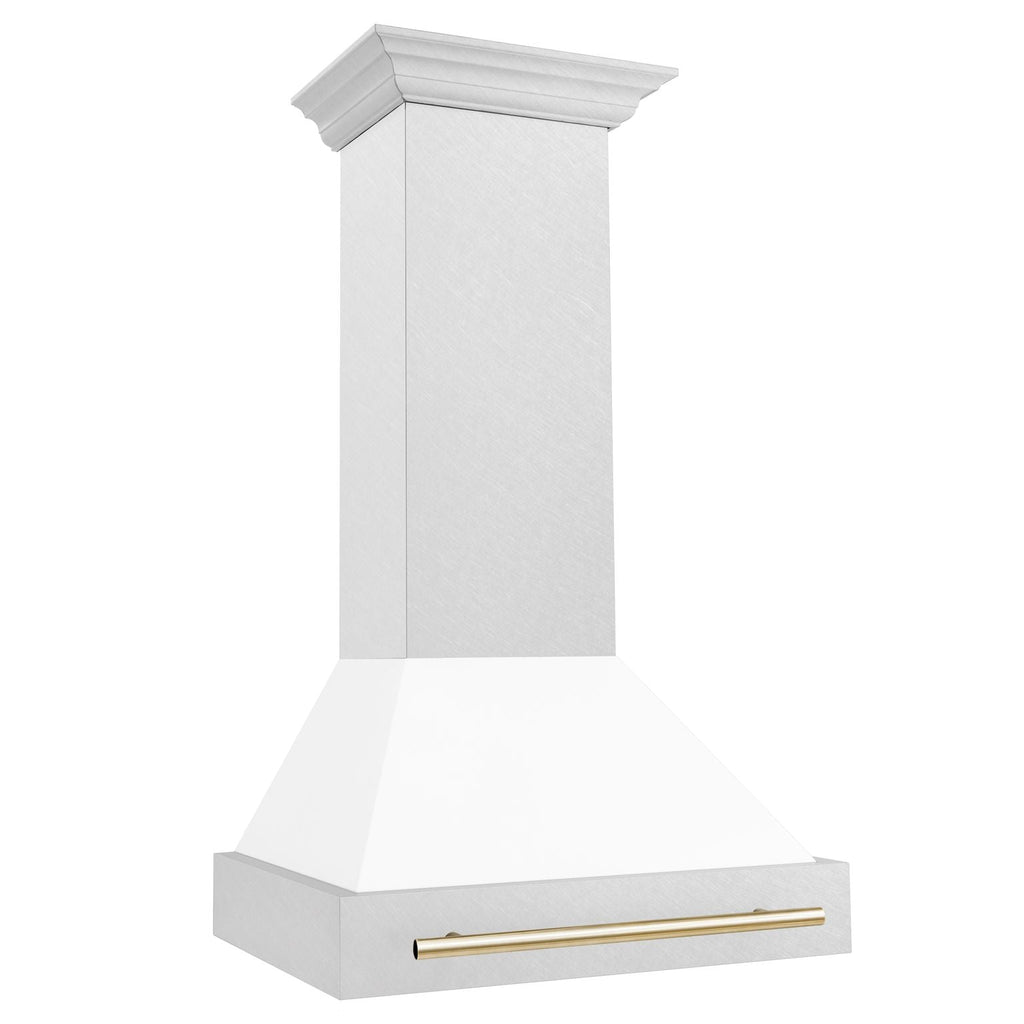 ZLINE 30 Inch Wall Mount Range Hood Satin Stainless Steel White Matte Shell Polished Gold Handle 8654SNZ-WM30-G