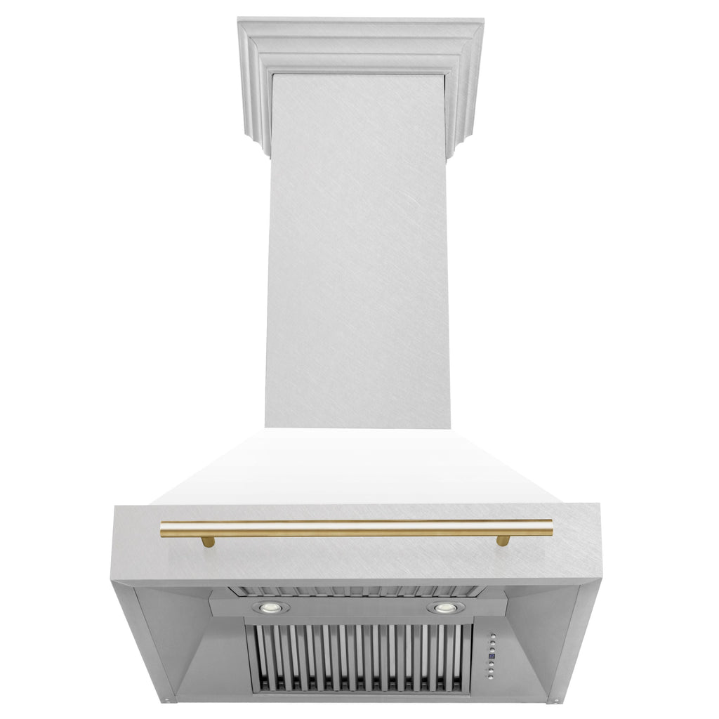 ZLINE 30 Inch Wall Mount Range Hood Satin Stainless Steel White Matte Shell Polished Gold Handle 8654SNZ-WM30-G