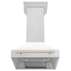 ZLINE 30 Inch Wall Mount Range Hood Satin Stainless Steel White Matte Shell Polished Gold Handle 8654SNZ-WM30-G
