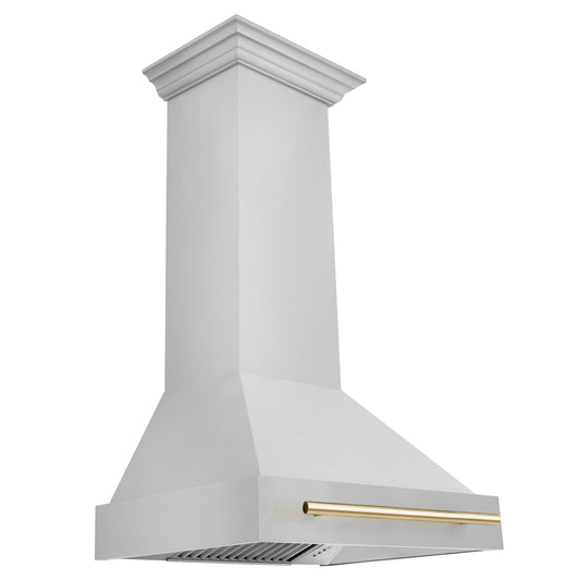 ZLINE 30 Inch Wall Mount Range Hood Stainless Steel Gold Handle 8654STZ-30-G