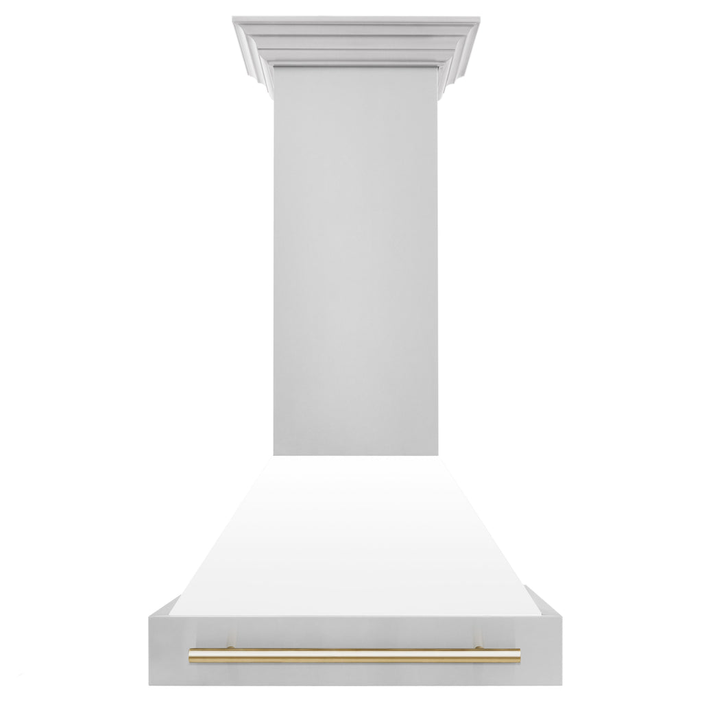 ZLINE 30 in Wall Mount Range Hood White Matte Shell Gold Handle 400 CFM (8654STZ-WM30-G)