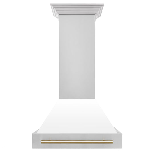 ZLINE 30 in Wall Mount Range Hood White Matte Shell Gold Handle 400 CFM (8654STZ-WM30-G)