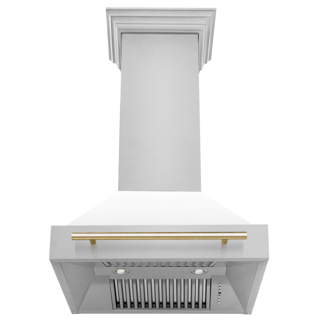 ZLINE 30 in Wall Mount Range Hood White Matte Shell Gold Handle 400 CFM (8654STZ-WM30-G)