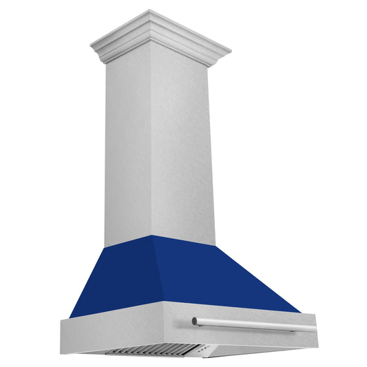 ZLINE 30" Wall Mount Range Hood Satin Stainless Steel Blue Gloss Shell 4-Speed Fan LED Lighting 8654SNX-BG-30