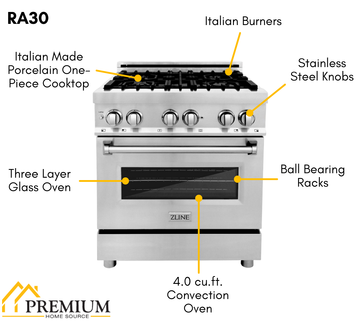ZLINE Appliance Package - 30 in. Dual Fuel Range, Range Hood, Microwave Drawer, 3 Rack Dishwasher, Refrigerator, 5KPR-RARH30-MWDWV