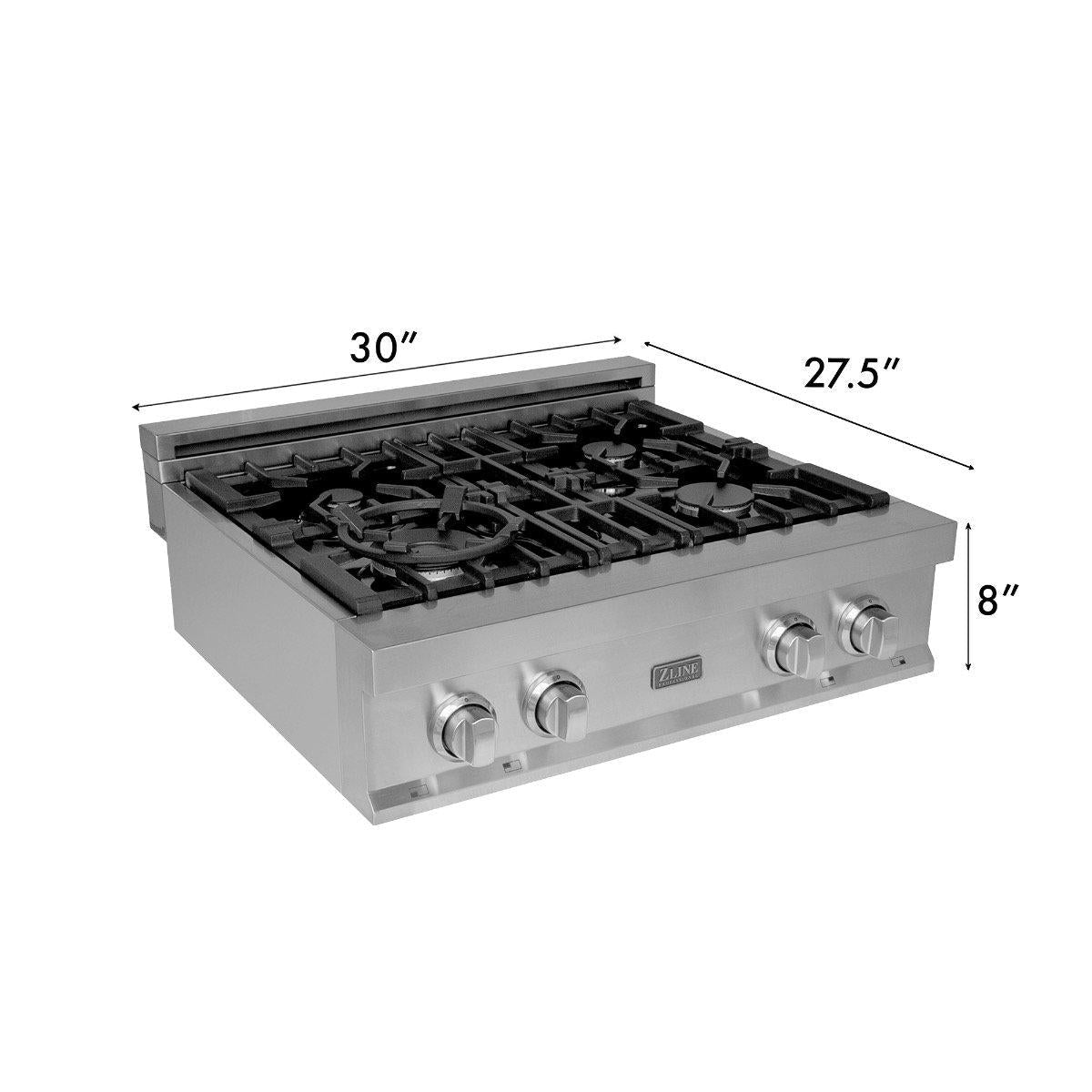 ZLINE 4-Piece Appliance Package - 30 In. Rangetop, Range Hood, Refrigerator, and Double Wall Oven in Stainless Steel, 4KPR-RTRH30-AWS