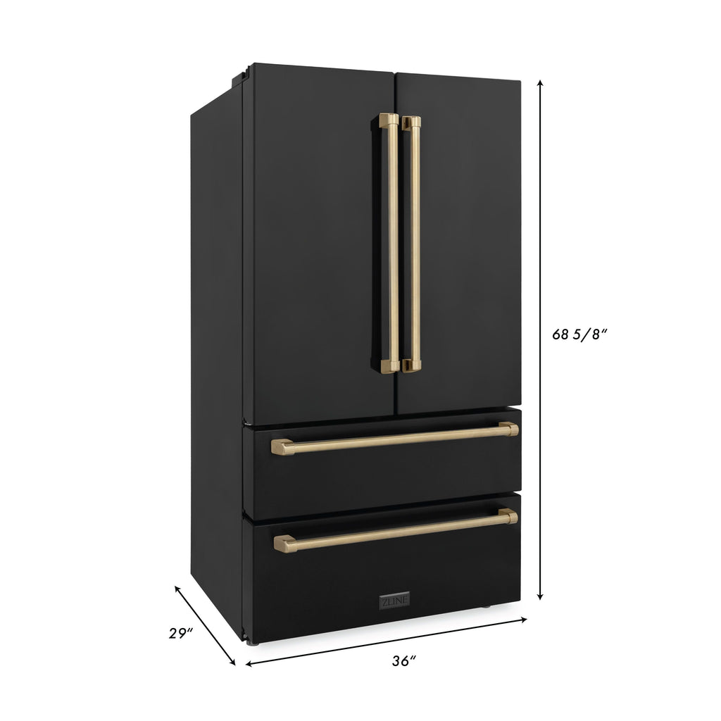 ZLINE Autograph Package - 30" Gas Range, Range Hood, Refrigerator, Dishwasher in Black Stainless with Bronze Accents