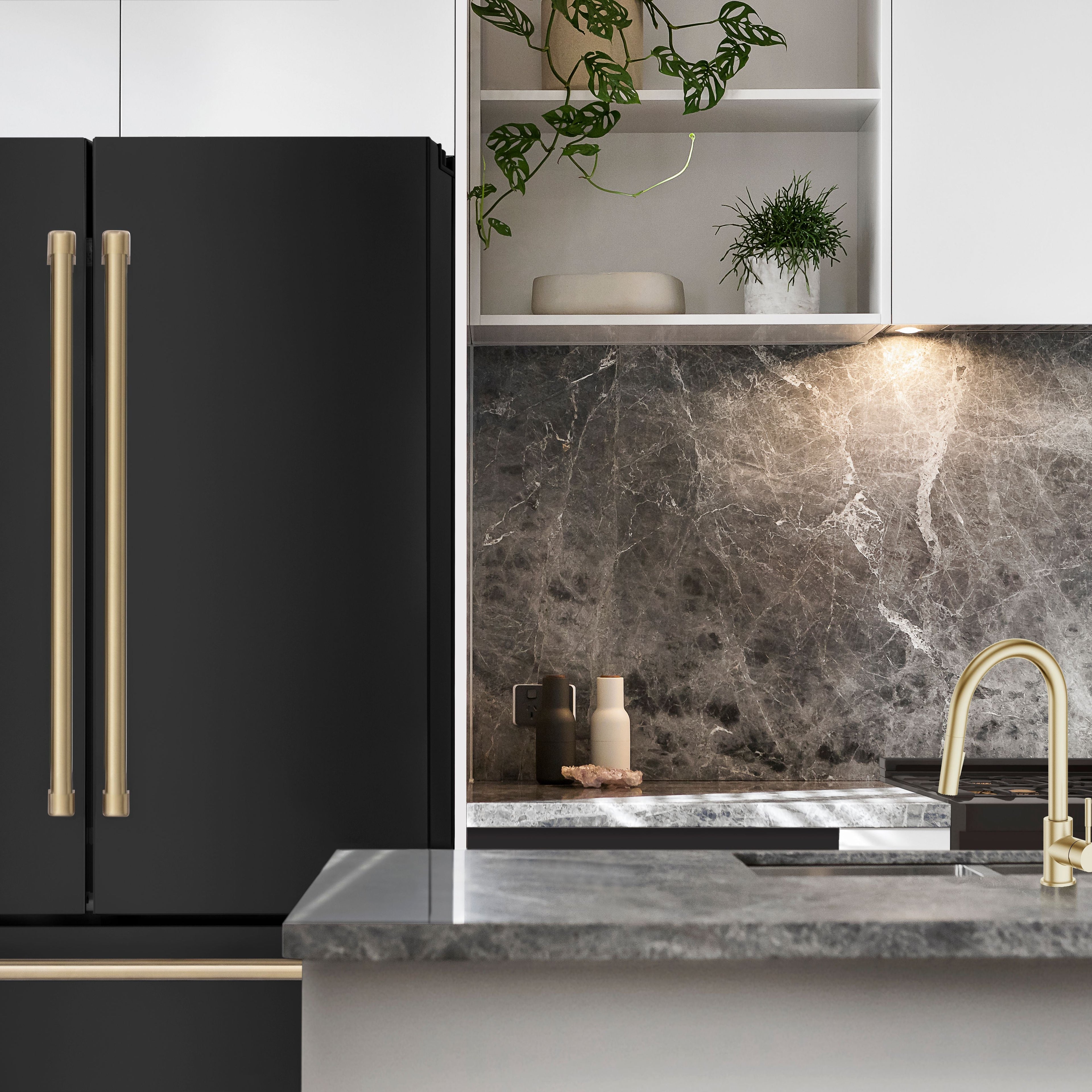 ZLINE Autograph Package - 36 Inch Gas Range, Range Hood, Dishwasher, Refrigerator in Black with Champagne Bronze Accents, 4AKPR-RGBRHDWV36-CB