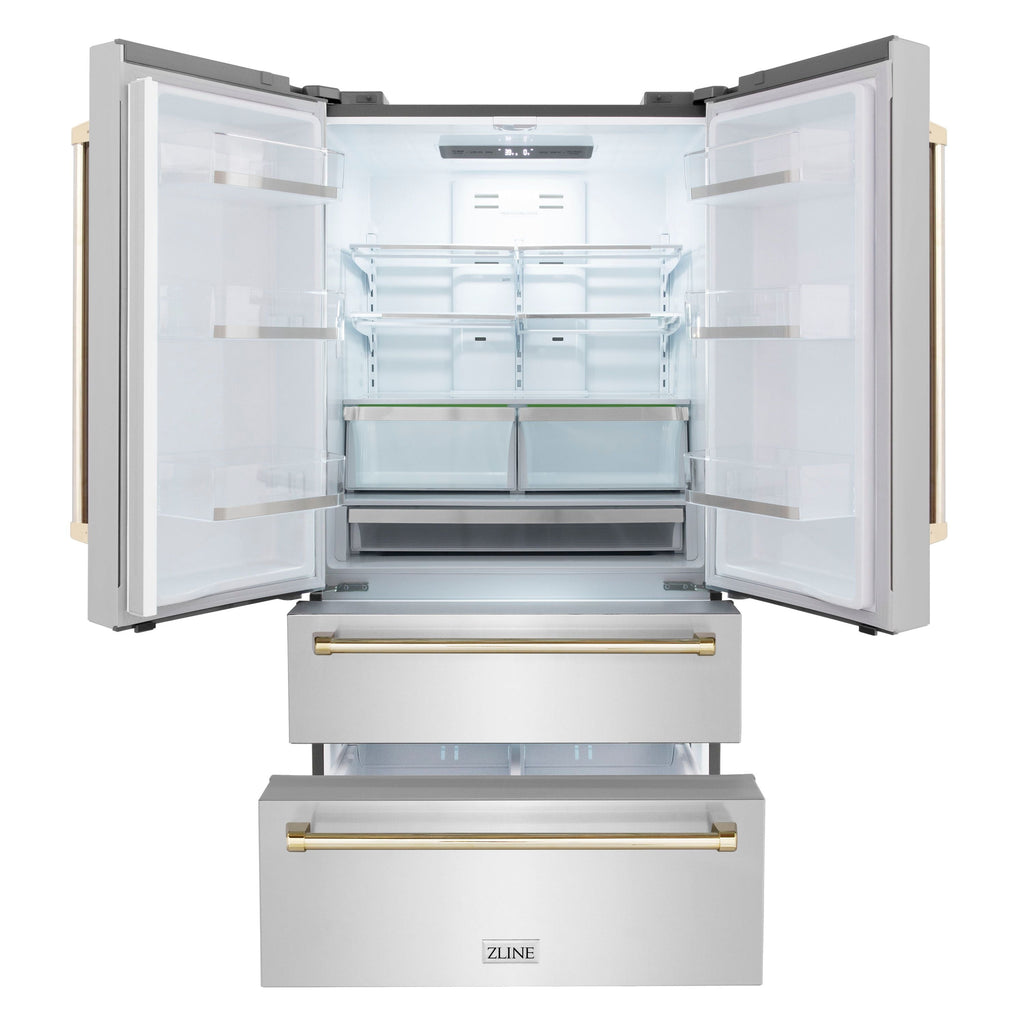 ZLINE Autograph Package - 48" Dual Fuel Range, Range Hood, Refrigerator, Microwave and Dishwasher in Stainless Steel with Gold Accents