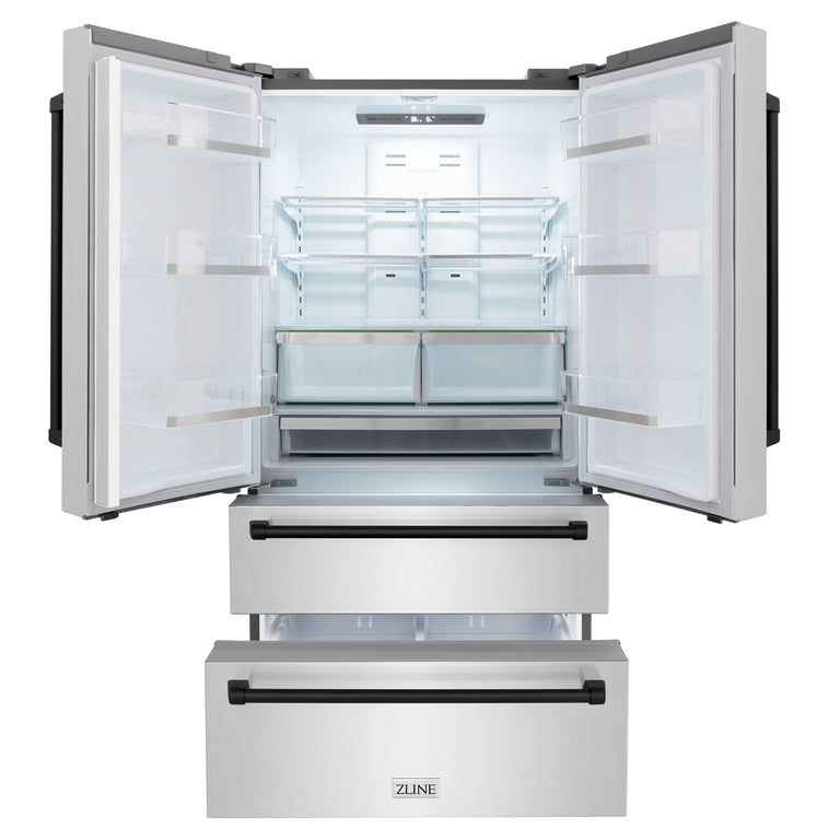 ZLINE Autograph Matte Black Package - 36" Rangetop, 36" Range Hood, Dishwasher, Refrigerator, Microwave Drawer, Wall Oven