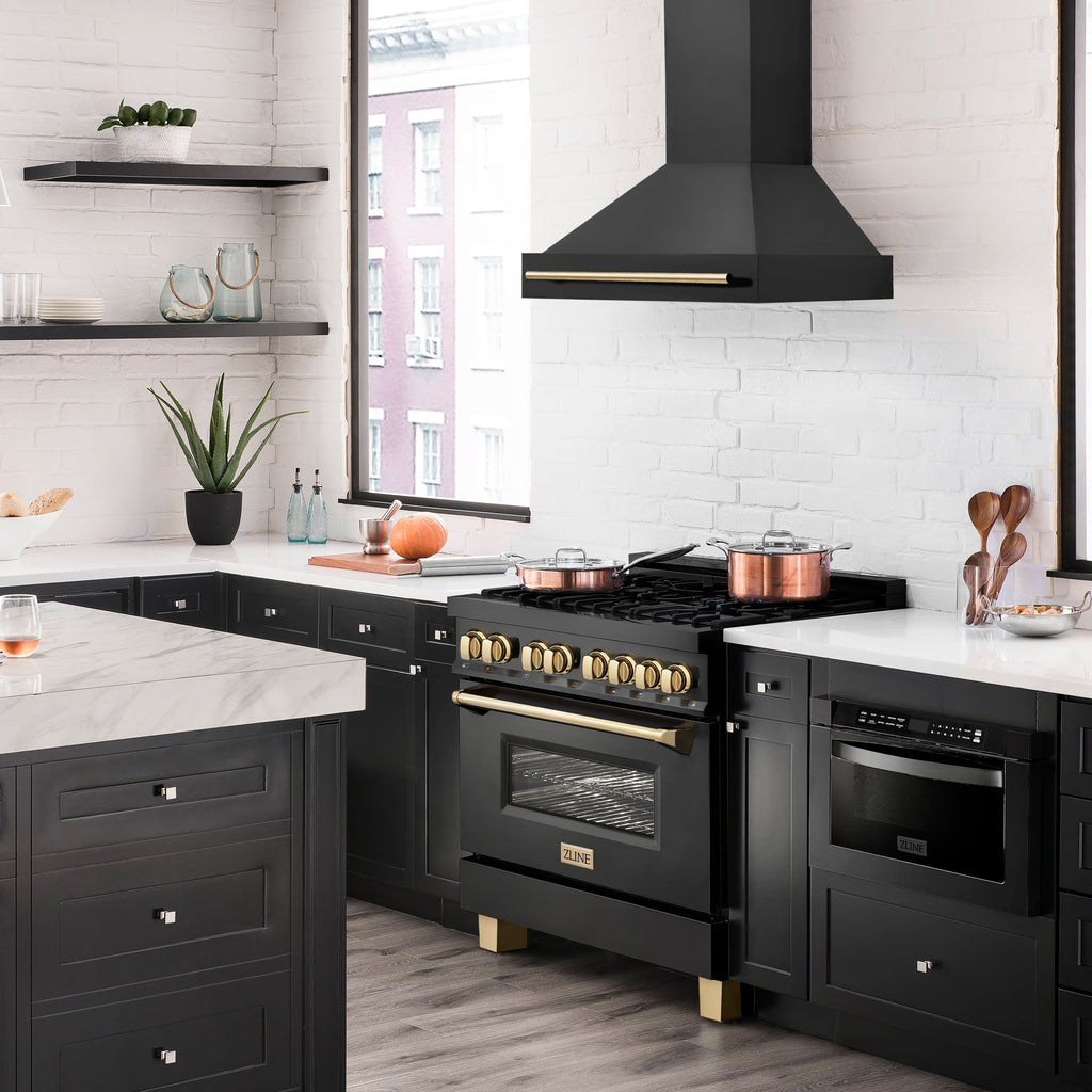 ZLINE 36 in. Wall Mount Range Hood Black Stainless Steel Autograph Edition Gold Handle 400 CFM (BS655Z-36-G)
