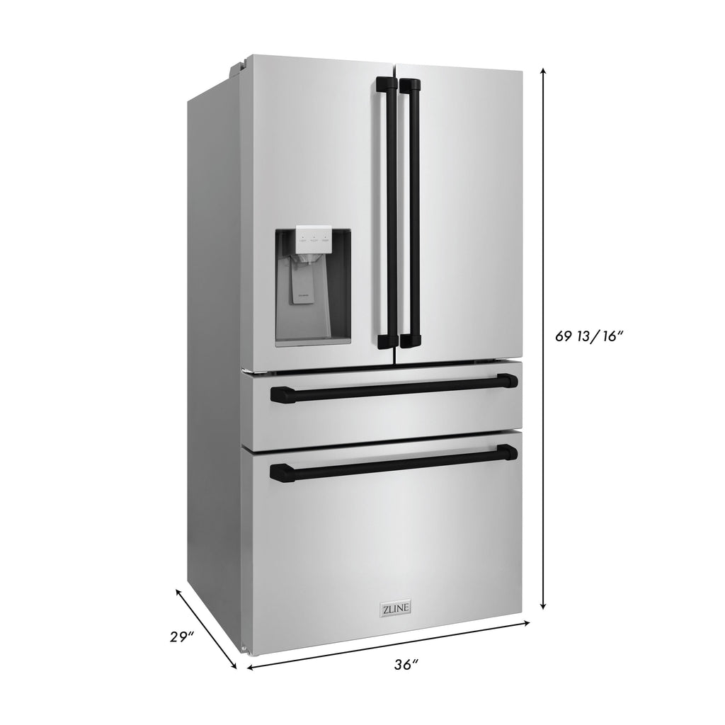 ZLINE Autograph Package - 48" Dual Fuel Range, Range Hood, Refrigerator with Water and Ice Dispenser, Microwave and Dishwasher in Stainless Steel with Black Accents