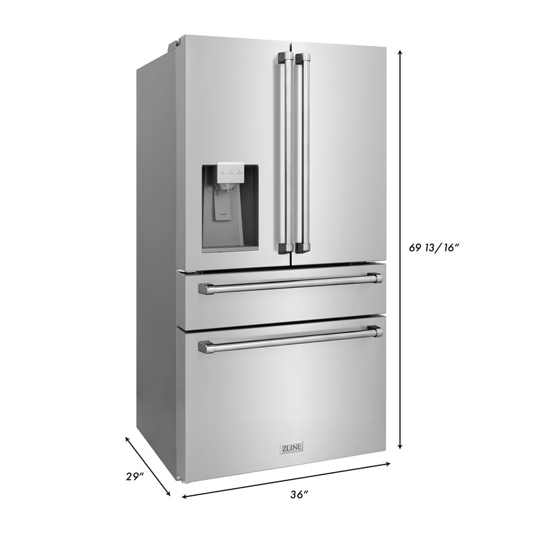 ZLINE Appliance Package - 48" Gas Range, Range Hood, 36" Refrigerator with Water/Ice Dispenser, 24" Microwave Drawer and Dishwasher in Stainless Steel