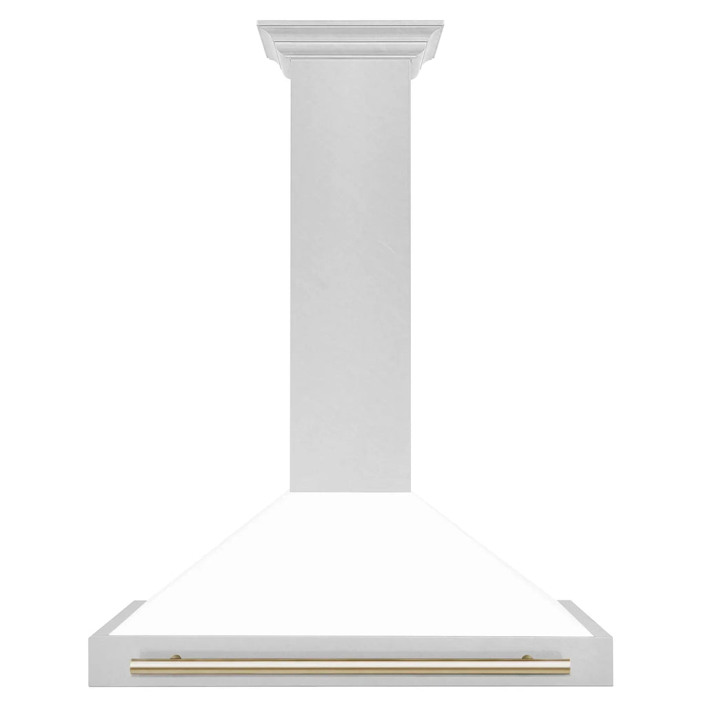 ZLINE 36 in. Wall Mount Range Hood Convertible Satin Stainless Steel White Matte Shell Polished Gold Handle KB4SNZ-WM36-G