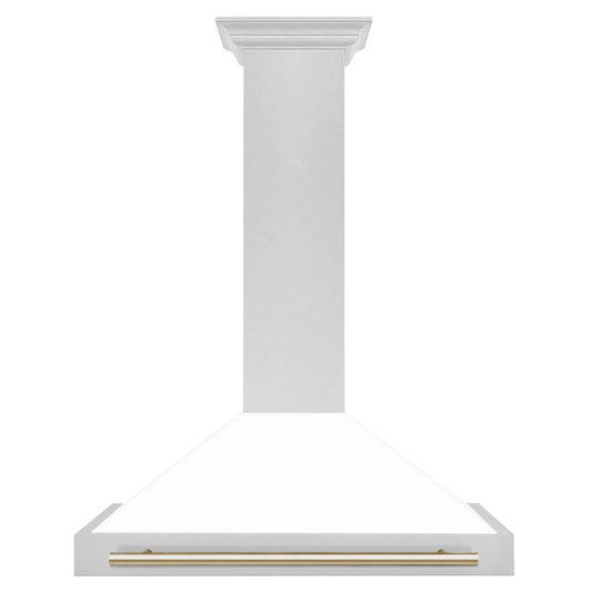 ZLINE 36 in. Wall Mount Range Hood Convertible Satin Stainless Steel White Matte Shell Polished Gold Handle KB4SNZ-WM36-G