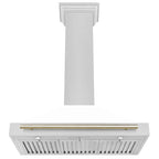 ZLINE 36 in. Wall Mount Range Hood Convertible Satin Stainless Steel White Matte Shell Polished Gold Handle KB4SNZ-WM36-G