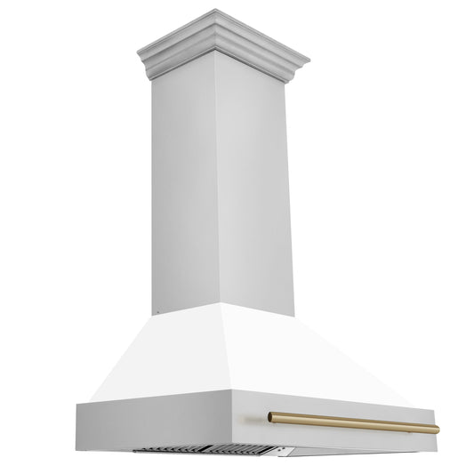 ZLINE 36 in. Wall Mount Range Hood White Matte Shell Champagne Bronze Handle 400 CFM (8654STZ-WM36-CB)