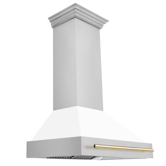 ZLINE 36 in. Wall Mount Range Hood White Matte Shell Polished Gold Handle 8654STZ-WM36-G