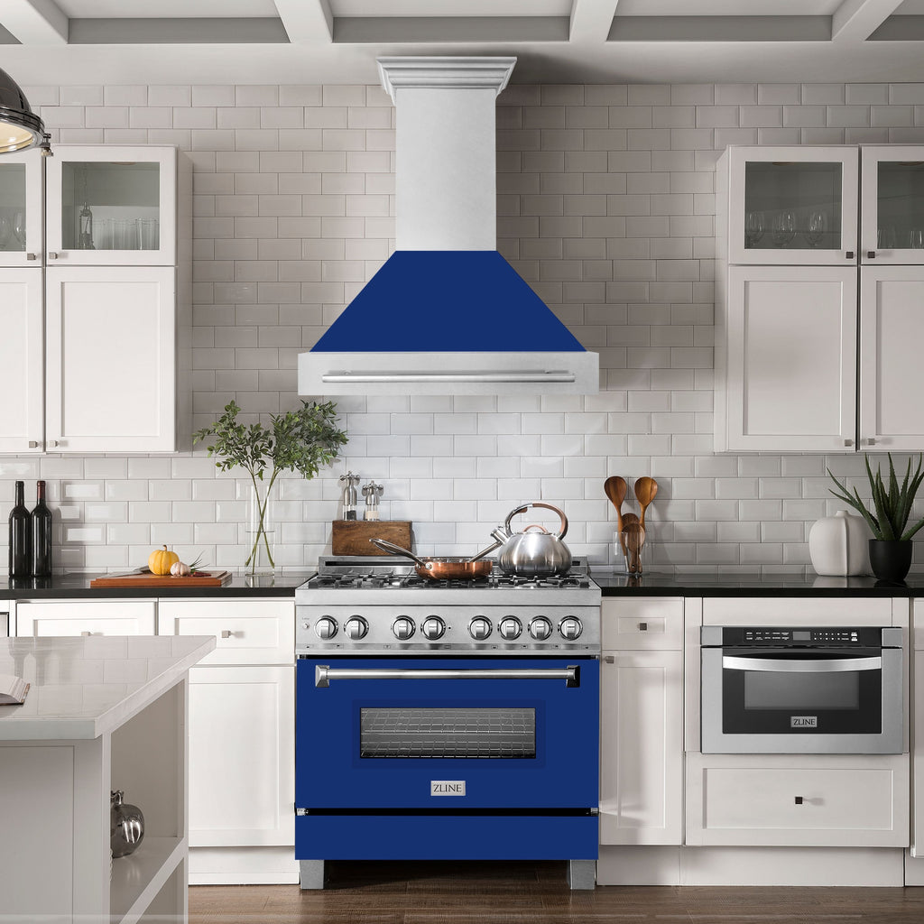 ZLINE 36 in. Wall Mount Range Hood Satin Stainless Steel Blue Gloss Shell 700 CFM 4-Speed Fan LED Lighting (8654SNX-BG-36)