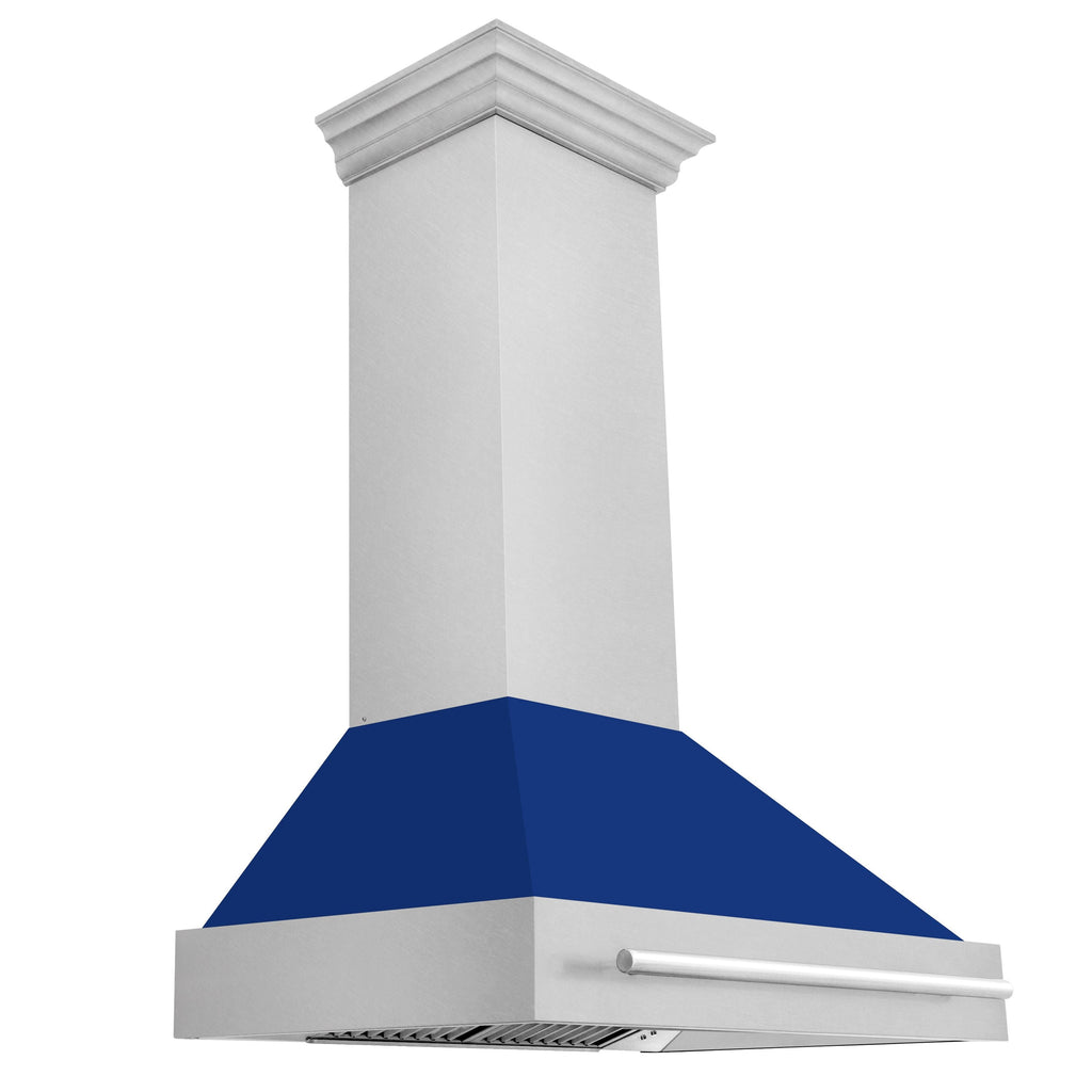 ZLINE 36 in. Wall Mount Range Hood Satin Stainless Steel Blue Gloss Shell 700 CFM 4-Speed Fan LED Lighting (8654SNX-BG-36)