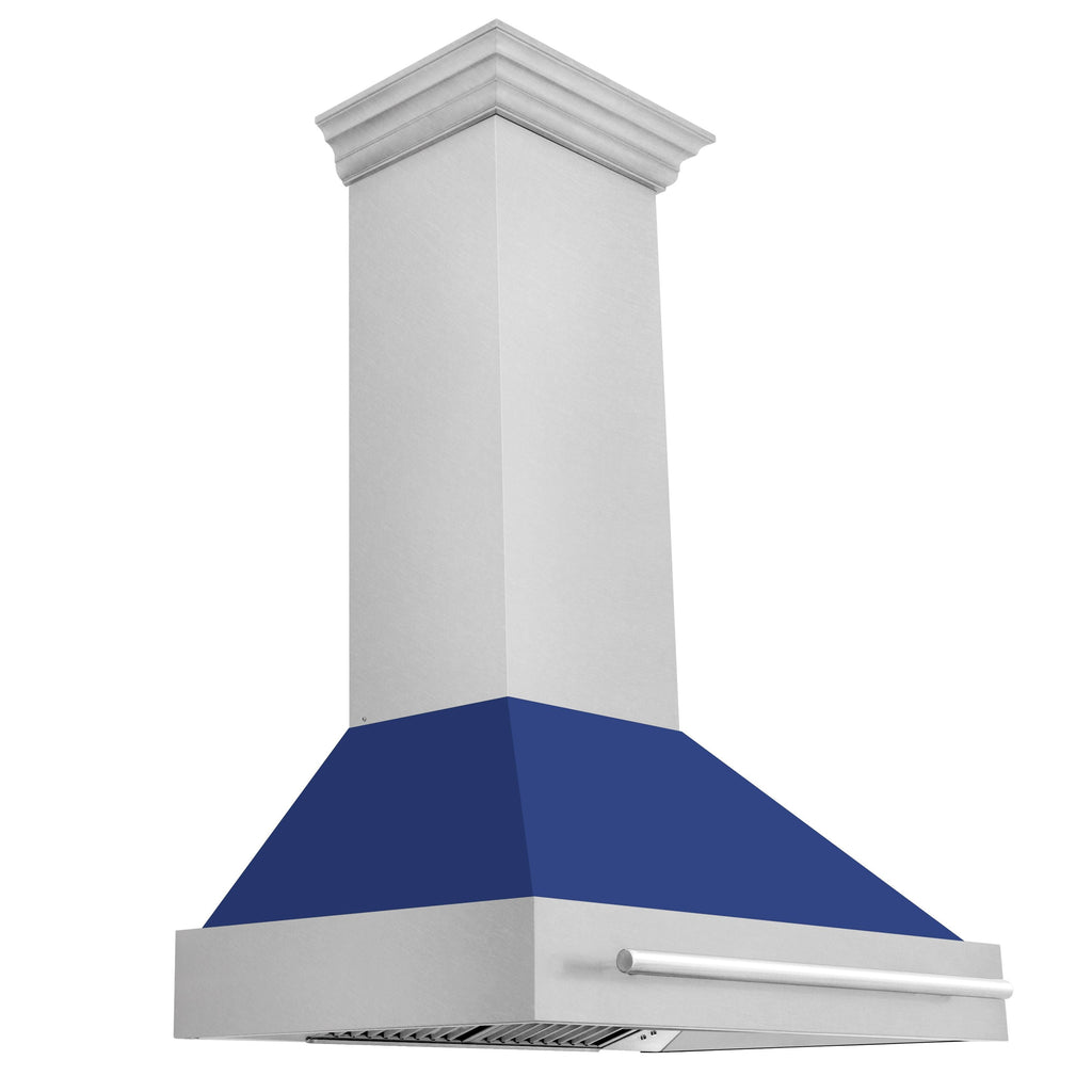 ZLINE 36 Inch Wall Mount Range Hood – Satin Stainless Steel & Blue Matte Shell – 700 CFM – Stainless Steel Handle (8654SNX-BM-36)