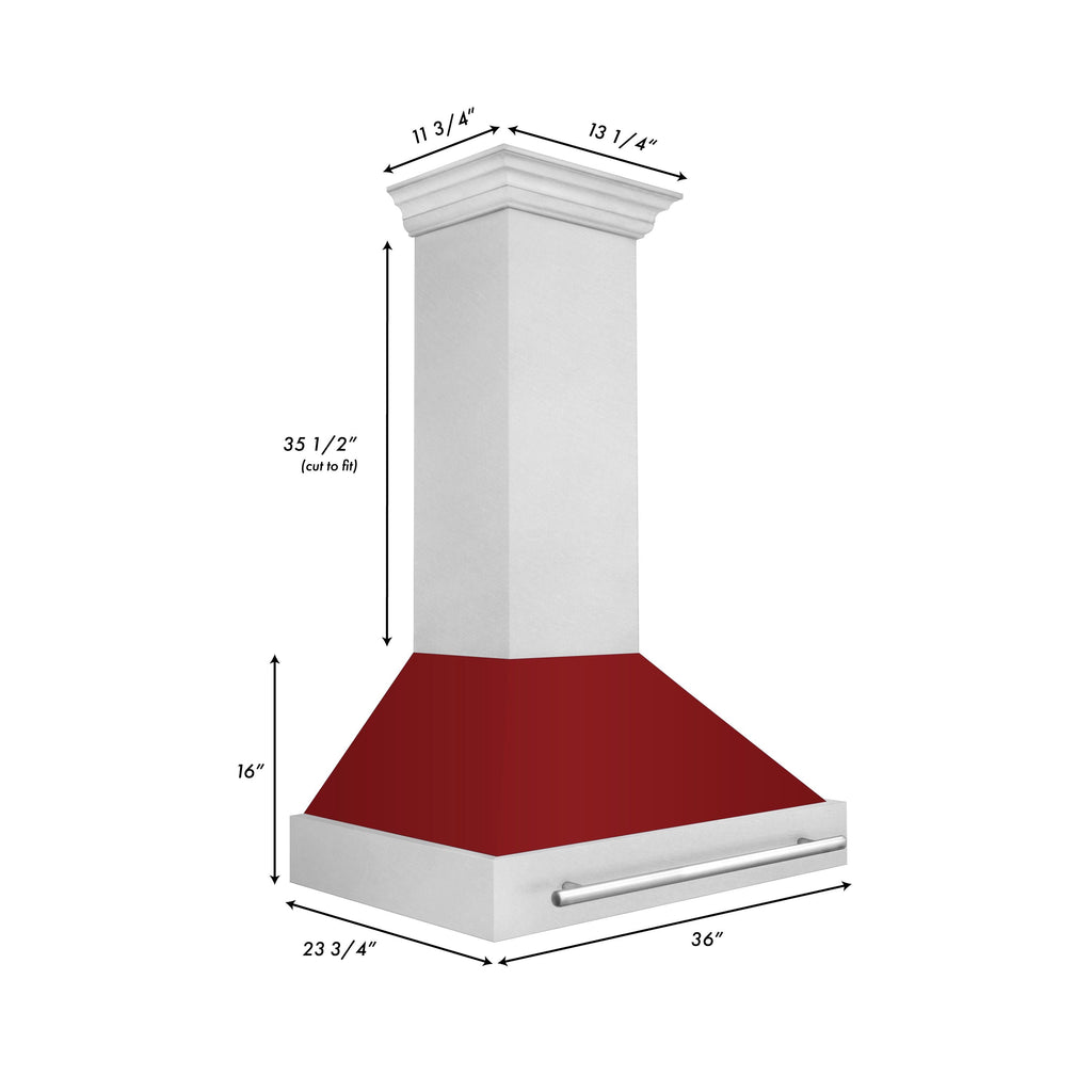 ZLINE 36 in. Wall Mount Range Hood 700 CFM Satin Stainless Steel with Red Gloss Shell Stainless Steel Handle (8654SNX-RG-36)