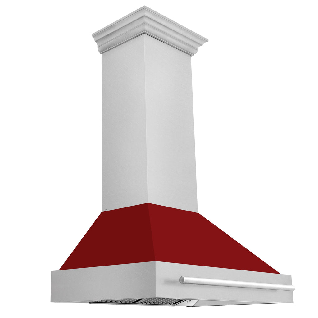 ZLINE 36 in. Wall Mount Range Hood 700 CFM Satin Stainless Steel with Red Gloss Shell Stainless Steel Handle (8654SNX-RG-36)