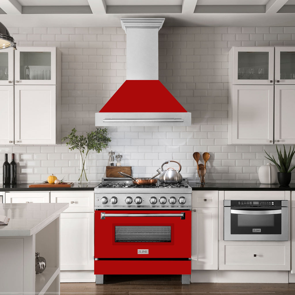 ZLINE 36 in. Wall Mount Range Hood Satin Stainless Steel with Red Matte Shell, 700 CFM, Stainless Steel Handle (8654SNX-RM-36)
