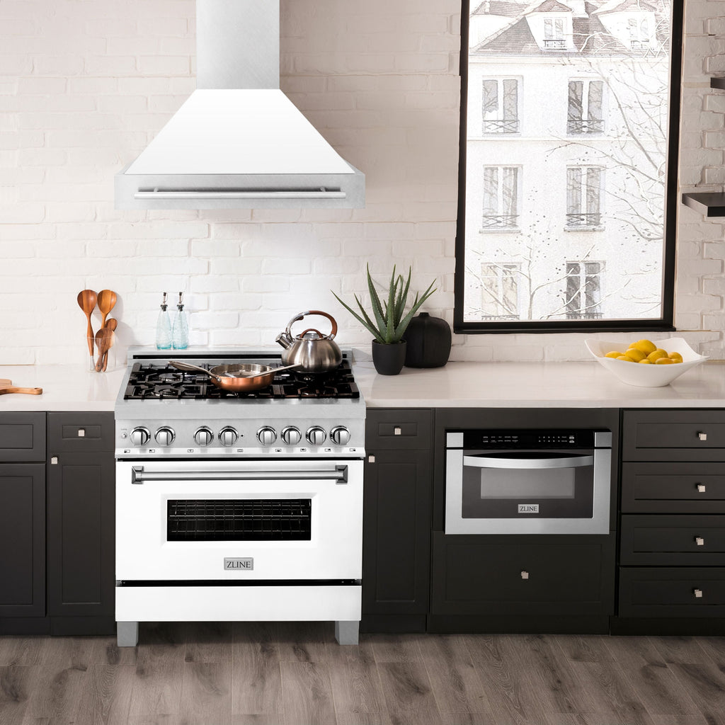 ZLINE 36 Inch Wall Mount Range Hood Satin Stainless Steel White Matte Shell Stainless Steel Handle (8654SNX-WM-36)