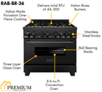 ZLINE Kitchen and Bath Appliance Package - 36 in. Dual Fuel Range, Range Hood, Microwave Drawer, Refrigerator in Black Stainless, 4KPR-RABRH36-MW