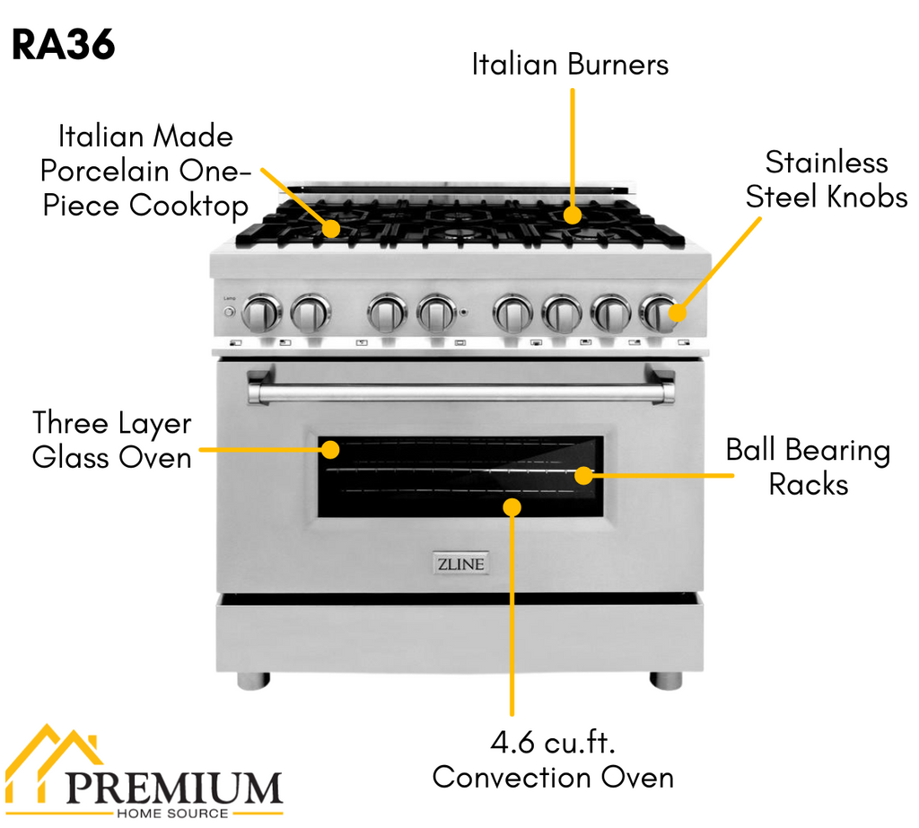 ZLINE Appliance Package - 36 in. Dual Fuel Range, Range Hood, Microwave Drawer, 3KP-RARH36-MW