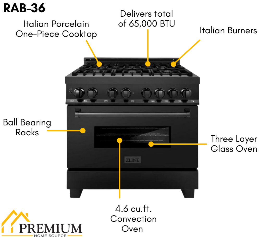 ZLINE Appliance Package - 36 in. Dual Fuel Range, Range Hood, Microwave, Dishwasher in Black Stainless Steel, 4KP-RABRBRH36-MWDW