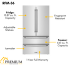 ZLINE 36" 4-Door French Door Refrigerator 22.5 Cu. Ft Capacity Ice Maker Fingerprint Resistant Stainless Steel (RFM-36)