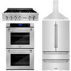 ZLINE 4-Piece Appliance Package - 36 In. Rangetop, Range Hood, Refrigerator, and Double Wall Oven in Stainless Steel, 4KPR-RTRH36-AWD