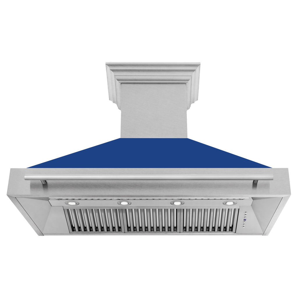 ZLINE 48 in. Wall Mount Range Hood Satin Stainless Steel Blue Matte Shell 4-Speed Ventilation LED Lighting (8654SNX-BM-48)