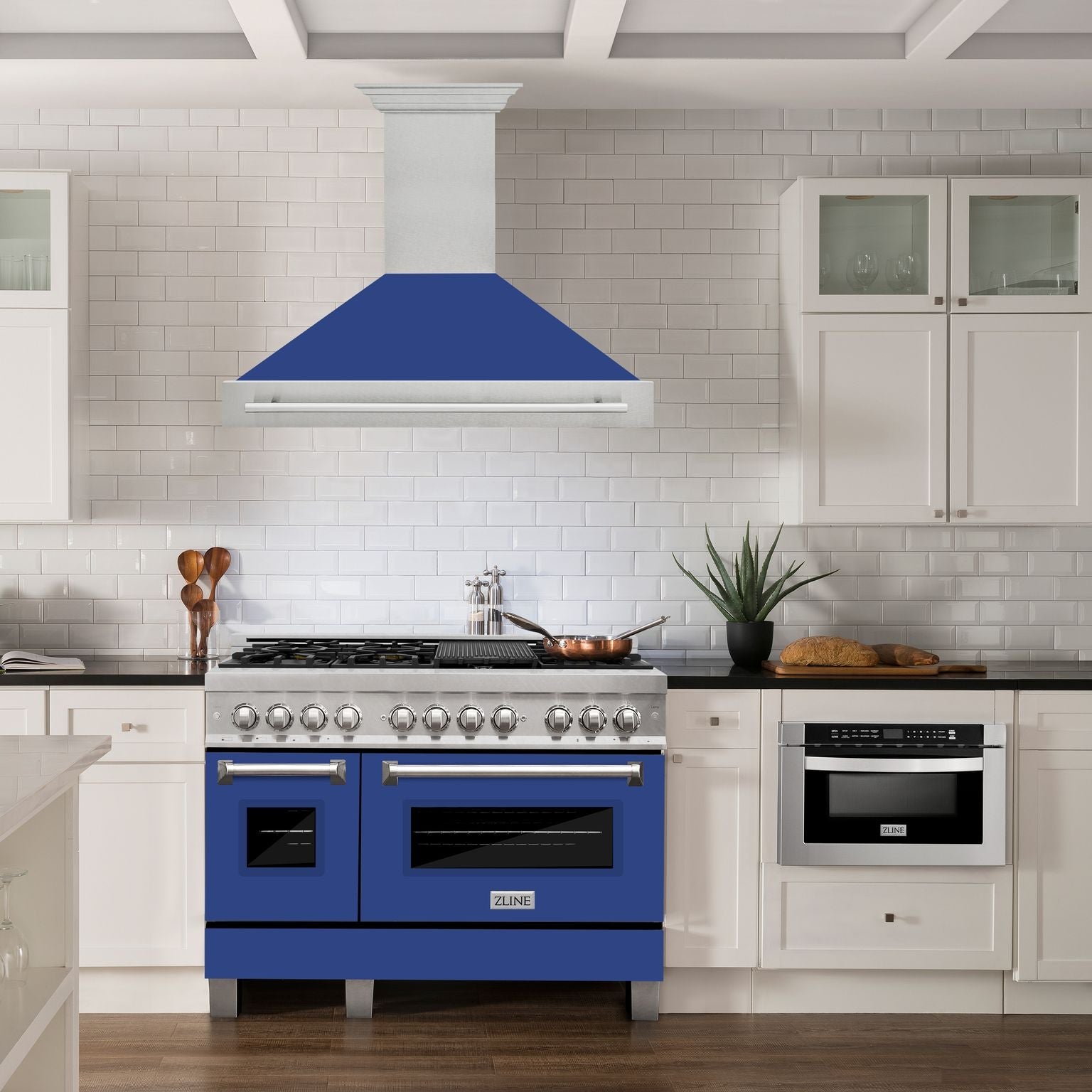 ZLINE 48 in. Wall Mount Range Hood Satin Stainless Steel Blue Matte Shell 4-Speed Ventilation LED Lighting (8654SNX-BM-48)