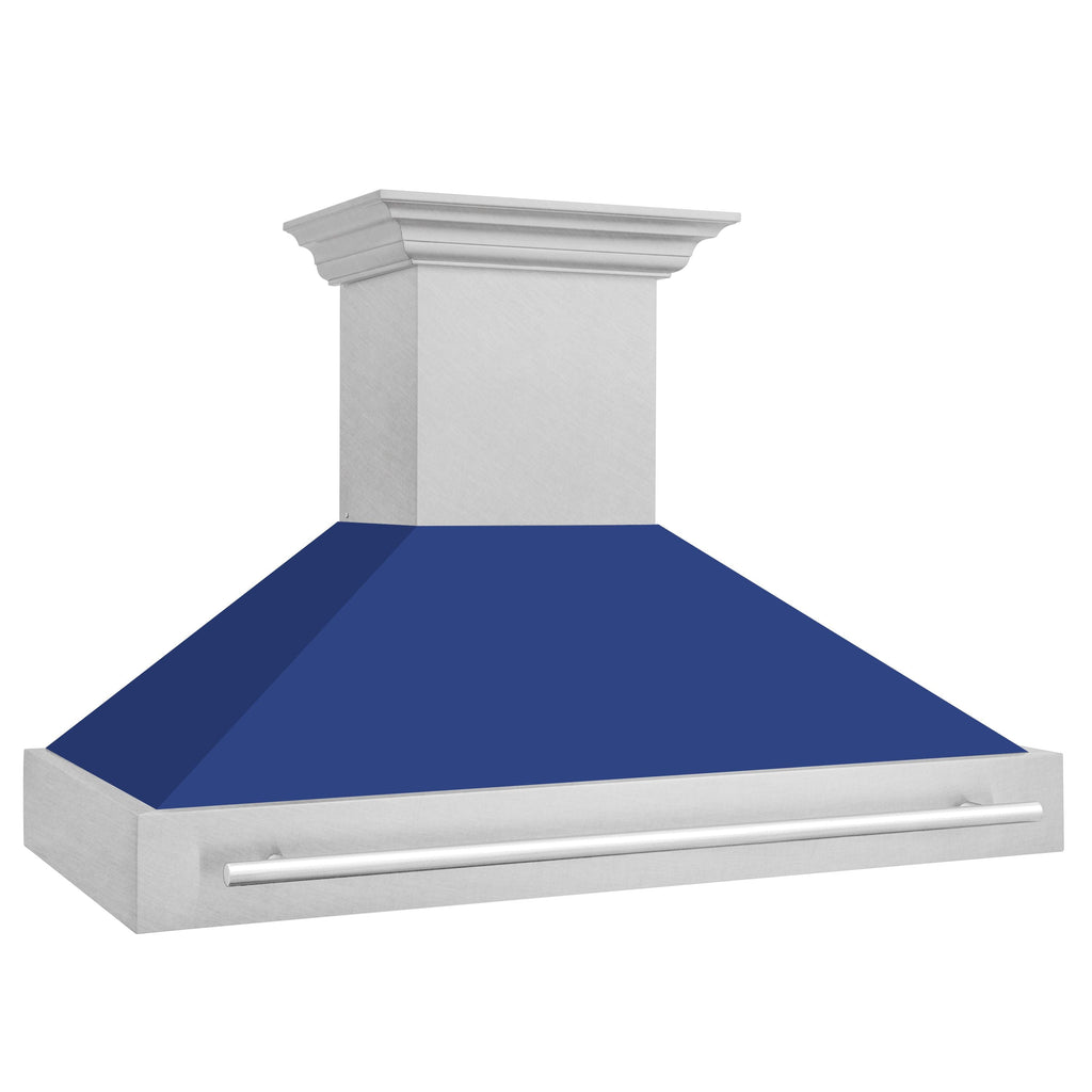 ZLINE 48 in. Wall Mount Range Hood Satin Stainless Steel Blue Matte Shell 4-Speed Ventilation LED Lighting (8654SNX-BM-48)
