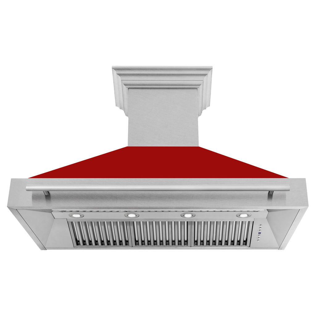 ZLINE 48 in. Wall Mount Range Hood Satin Stainless Steel Red Gloss Shell 700 CFM 4-Speed Fan Stainless Steel Handle (8654SNX-RG-48)